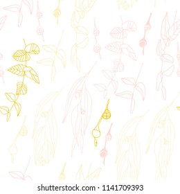 Eucalyptus leaves and berries vector seamless pattern. Hand drawn twigs and berries, realistic botanical background.