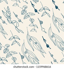 Eucalyptus leaves and berries vector seamless pattern. Hand drawn twigs and berries, realistic botanical background.