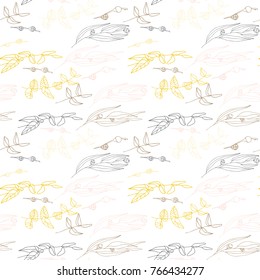Eucalyptus leaves and berries vector seamless pattern. Hand drawn twigs and berries, realistic botanical background.