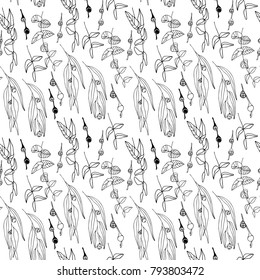 Eucalyptus leaves and berries vector seamless pattern. Hand drawn twigs and berries, realistic botanical background.
