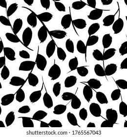 Eucalyptus leaves and branches vector seamless pattern. Brush leaves and twigs. Black branch modern ornament. Black ink texture with foliage. Hand drawn eucalyptus, laurel twig. Abstract plant motif