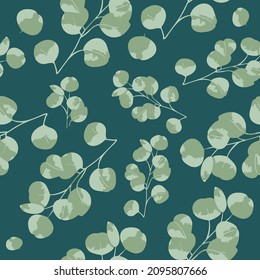 Eucalyptus leaves colorful seamless pattern. Foliage, green floral texture. Hand drawn plant branches and twigs background. Botanical wallpaper, fabric, textile, wrapping paper vector design.