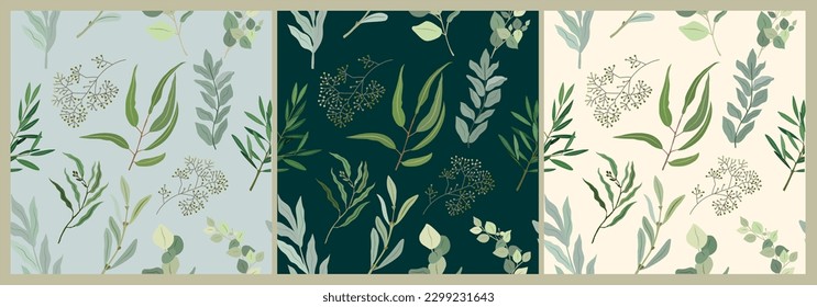 Eucalyptus leaves colorful seamless pattern on beige, black and blue background. Hand drawn plant branches, twigs. Botanical wallpaper, fabric, textile, wrapping paper vector botanical illustration