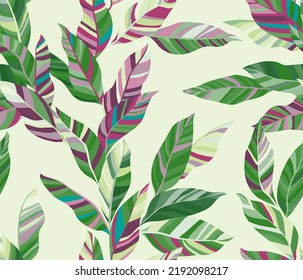 Eucalyptus leaves floral vector seamless pattern. Striped texture jungle foliage. Fabric print with aglaonema twigs. Summer endless pattern with tropical leaves. Wallpaper cute design