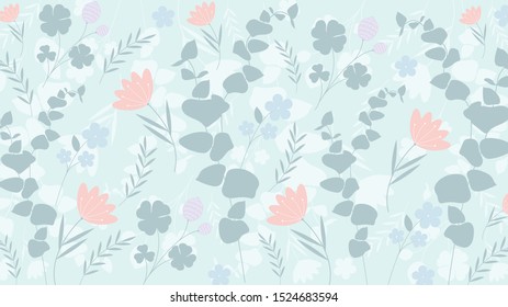 Eucalyptus leaves, flowers and branches. On a light green background