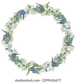 Eucalyptus leaves and Forget me Not flowers wreath. Round natural frame with hand drawn green eucalyptus branches and blue Myosotis flowers. Botanical vector illustration isolated on white background