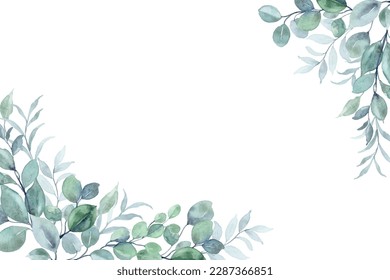 Eucalyptus leaves frame with watercolor for wedding, birthday, card, background, invitation, wallpaper, sticker, decoration etc.
