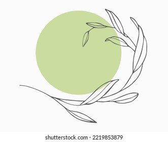 Eucalyptus Leaves with green circle shape on white background. Floral line art. Outline vector flowers. Wedding elegant continuous line drawing. 