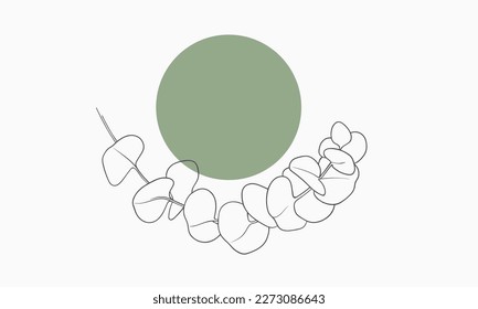 Eucalyptus Leaves with green circle shape on white background. Floral line art. Outline vector flowers. Wedding elegant continuous line drawing.