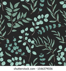 Eucalyptus leaves hand drawn vector seamless pattern. Natural branches, evergreen twigs decorative texture. Gum tree foliage on black background. Botanical wrapping paper, wallpaper, textile design.