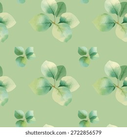 Folhas de eucalipto padrão, estilo aquarela, texturas delicadas e suaves, pintadas à mão, tons verdes naturais, design botânico sem costura, vetor
