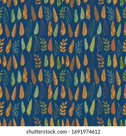 Eucalyptus leaves rows on the dark blue background seamless pattern