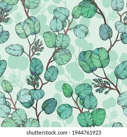 Eucalyptus leaves Seamless pattern, Botanical illustration.