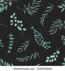 Eucalyptus leaves seamless pattern. Exotic green herbs texture. Floral textile print with twigs vector illustration. Hand drawn plant branches on black background. Realistic botanical wallpaper design