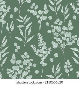 Eucalyptus leaves seamless pattern. Exotic green branches vector illustration for textile, wrapping paper, wallpaper.