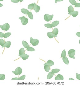 Eucalyptus leaves seamless pattern. Green branches of medicinal plant. Botanical background. Vector cartoon flat illustration.
