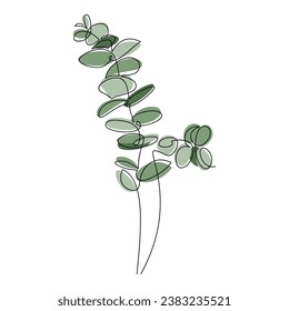 Eucalyptus leaves vector. Line continuous botanical drawing. Green branch contour silhouette. Graphic design, abstract print, beauty branding, card, poster, logo, sign, symbol. Floral illustration.