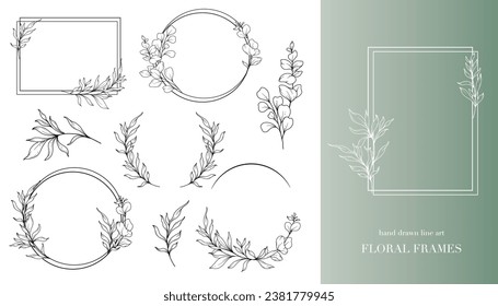 Eucalyptus Line Art. Floral Frames and Bouquets Line Art. Fine Line Eucalyptus Frames Hand Drawn Illustration. Hand Draw Outline Leaves and Flowers. Botanical Coloring Page. Eucalyptus Isolated