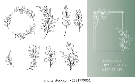 Línea Eucalyptus Art. Marcos Florales y Línea de Bouquets Art. Línea fina de Eucalipto Marcos Mano Ilustración Dibujada. Dibujar a mano hojas de contorno y flores. Página de Coloración Botánica. Eucalyptus aislado