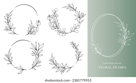 Eucalyptus Line Art. Floral Frames and Bouquets Line Art. Fine Line Eucalyptus Frames Hand Drawn Illustration. Hand Draw Outline Leaves and Flowers. Botanical Coloring Page. Eucalyptus Isolated