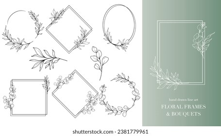 Eucalyptus Line Art. Floral Frames and Bouquets Line Art. Fine Line Eucalyptus Frames Hand Drawn Illustration. Hand Draw Outline Leaves and Flowers. Botanical Coloring Page. Eucalyptus Isolated