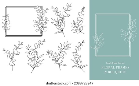 Eucalyptus Line Art. Floral Frames and Bouquets Line Art. Fine Line Eucalyptus Frames Hand Drawn Illustration. Hand Draw Outline Leaves and Flowers. Botanical Coloring Page. Eucalyptus Isolated