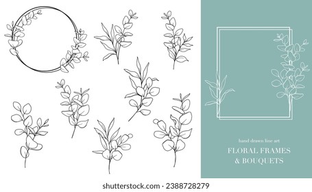 Eucalyptus Line Art. Floral Frames and Bouquets Line Art. Fine Line Eucalyptus Frames Hand Drawn Illustration. Hand Draw Outline Leaves and Flowers. Botanical Coloring Page. Eucalyptus Isolated