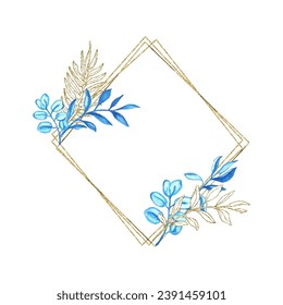 Eucalyptus line art, gold glitter and blue watercolor leaves geometry frame for card or invitation, vector illustration, isolate on white background.