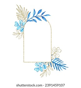 Eucalyptus line art, gold glitter and blue watercolor leaves boho frame for card or invitation, vector illustration, isolate on white background.