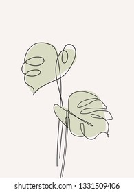 Eucalyptus Monstera Leaves Continuous Line Drawing. One Line . Hand-drawn Minimalist Illustration, Vector. 