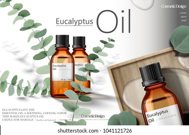 Eucalyptus oil ads, elegant natural products with green leaves in 3d illustration