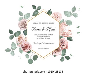 Eucalyptus and pale roses, protea, camellia vector design invitation frame. Rustic wedding greenery. Mint, blue, blush, green, sage tones. Watercolor card. Summer rustic style. Isolated and editable