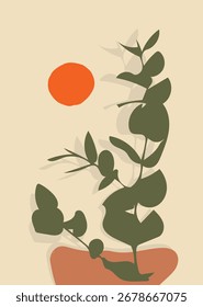 Eucalyptus plant silhouette with pastel abstract sun background for wallpaper, poster, and artwork. Perfect for calm and peaceful prints, cards, invitations, branding, and modern botanical design.