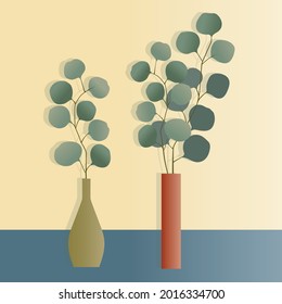 eucalyptus plants in vases vector illustrations