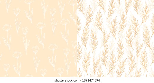 Eucalyptus and Poppy pattern set in line style. Floral olive seamless hand drawn ornament. Modern doodle repeat pattern collection with olive branch, flowers poppy. Vector illustration,pink background