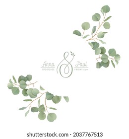 Eucalyptus realistic floral wreath with watercolor greenery branches leaves. Vector summer vintage banner illustration. Wedding modern laurel invitation, trendy frame card, luxury design