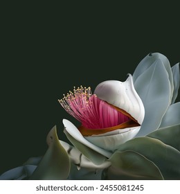 Eucalyptus rhodantha- not an ordinary flower, mesmerizing to look at. Banner, poster, cover design, wallpaper and space for text.