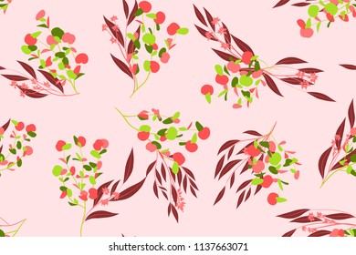 Eucalyptus Seamless Pattern. Summer Background in Pastel Color Design. Vector Branches with Leaves. Beautiful Floral Elements. Tropical Palm. Eucalyptus Seamless Pattern for Fabric, Wrapping, Print.