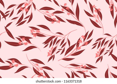 Eucalyptus Seamless Pattern. Summer Background in Pastel Color Design. Vector Branches with Leaves. Beautiful Floral Elements. Tropical Palm. Eucalyptus Seamless Pattern for Fabric, Wrapping, Print.