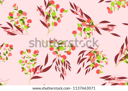 Eucalyptus Seamless Pattern. Summer Background in Pastel Color Design. Vector Branches with Leaves. Beautiful Floral Elements. Tropical Palm. Eucalyptus Seamless Pattern for Fabric, Wrapping, Print.