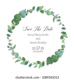 Eucalyptus selection branches vector design round frame. Rustic wedding greenery. Mint, blue tones. Watercolor style save the date card. Mediterranean tree. All elements are isolated and editable