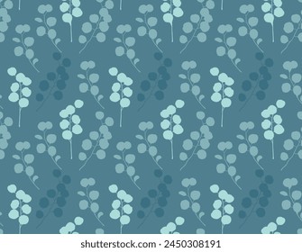 Eucalyptus. Silhouettes of eucalyptus branches and leaves, tropical plants seamless pattern. Vector illustration isolated on blue-green background. Background, backdrop, wallpaper, paper, fabric.