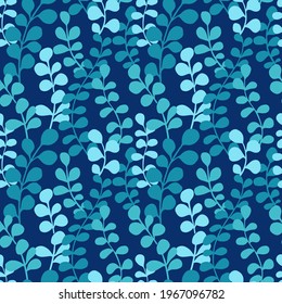 Eucalyptus silhouettes seamless pattern. Botanical print design with hand drawn eucalyptus leaves on dark blue background. Simple floral pattern for packaging, fabric design. Blossom herbs ornament.