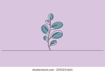 Eucalyptus silver dollar branch continuous line drawing, Eucalyptus silver dollar branch continuous line drawing. One line . Hand-drawn minimalist illustration, vector.