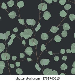 Ramas naturales del árbol de plata Eucalyptus con hojas verdes de patrón tropical sin costuras. Decorativo y elegante ilustración de la vegetación aislada de fondo negro.