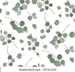 Eucalyptus silver dollar tree foliage natural branches with green leaves tropical seamless pattern, watercolor style. Vector decorative cute elegant greenery illustration isolated white background