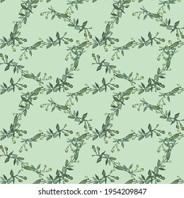 Eucalyptus tree branch with buds drawing, floral seamless pattern, nature abstract background vector. Line art botanical illustration graphic design print, fabric. Trendy green mint colors wallpaper