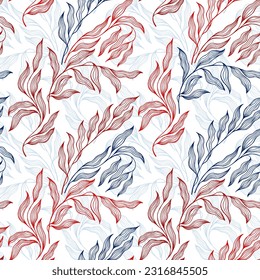 Eucalyptus tree leaves botanical floral vector seamless pattern. Thin contour twig veins doodle. Organic sallow foliage summer motif. Abstract stylized tree leaves endless pattern.