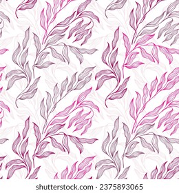 Eucalyptus tree leaves botanical floral vector seamless pattern. Thin contour twig veins doodle. Organic eucalyptus foliage summer motif. Beautiful stylized tree leaves endless pattern.