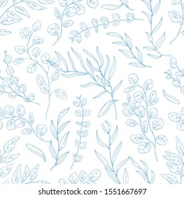 Eucalyptus twigs hand drawn seamless pattern. Exotic plants branches, tropical flora foliage blue ink sketch texture. Floral textile monochrome print. Realistic botanical wallpaper design.